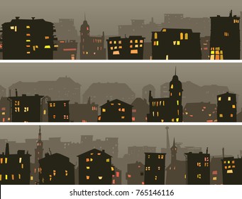 Set of cartoon horizontal banner of big night city with roofs, windows light in dusk.