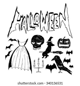 set of cartoon horror in doodle style isolated on white background