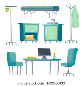 Set cartoon hospital furniture and doctor workplace decoration vector illustration isolated on white background. Couch, dropper, dressing gown, doctor's table, folders, computer, sink, cabinet.