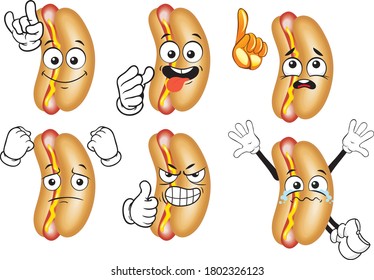 A set of cartoon hotdogs in different situations. Vector. 
