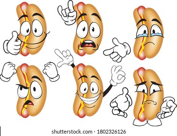 A set of cartoon hotdogs in different situations. Vector. 