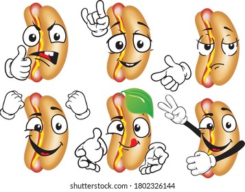 A set of cartoon hotdogs in different situations. Vector. 