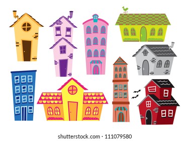 set of cartoon house and building