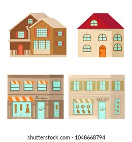 Set of cartoon house isolated on white background. Stone home or cottage building with shop. Rural mansion in flat design. Vector illustration eps 10.