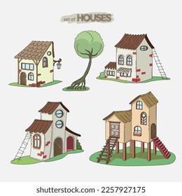 Set of cartoon houses. Brick houses with tiled roofs. Hand drawn fairy tale houses in cute scruffy style. Line art, sketch, outline, isolated, sticker. Pastel colors. Vector illustration.