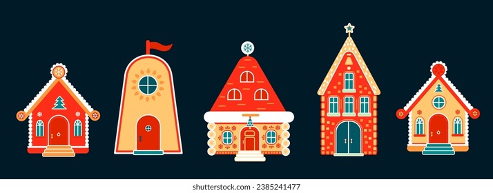 Set of cartoon houses with festive Christmas decor. Cozy Christmas Village. Cute whimsical building with bell. Scandinavian style architecture. Flat vector illustration.
