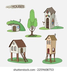 Set of cartoon houses. Tiled roof, stone walls, wooden piles, stained glass. House under the hill. Hand drawn, art line, outline, sketch, sticker, isolated. Fantasy, vector illustration.