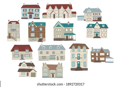 Set of cartoon houses. Village buildings, cottages, wooden and stone housing. Hand drawn design. Vector illustration, isolated objects on a white background. Design elements