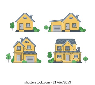 Set of cartoon houses. Village buildings, cottages.
Vector illustration, isolated objects on a white background. Design elements.