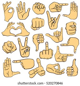 Set of cartoon human hands icons, emoji, gesture, signs and signals. 