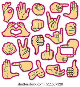 Set of cartoon human hands stickers, icons, emoji, gesture, signs and signals. 