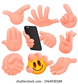Set of cartoon human hands. Cartoon and vector isolated objects. Collection of various gestures(hand shake, hi) Vector illustration