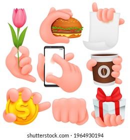 Set of cartoon human hands. Cartoon and vector isolated objects. Collection of various gestures. Burger, coffee, gift box, coin. Vector illustration