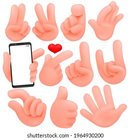 Set of cartoon human hands. Cartoon and vector isolated objects. Collection of various gestures(thumbs up, victory). Vector illustration