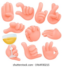 Set of cartoon human hands. Cartoon and vector isolated objects. Collection of various gestures(ok,shaka, good luck) Vector illustration