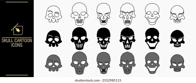 Conjunto de cráneos humanos de dibujos animados Vector blanco y negro. Formas de silueta de cráneos ilustración.