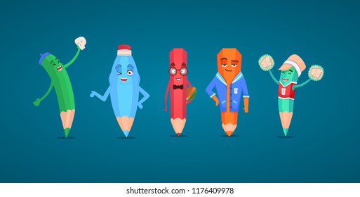 Set of cartoon humanize school characters. vector illustration of pencils with hand, books, cheerleader, actors, sport guy. mascot isolated on dark background