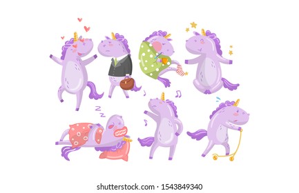 Set of cartoon humanized lilac unicorns. Vector illustration.