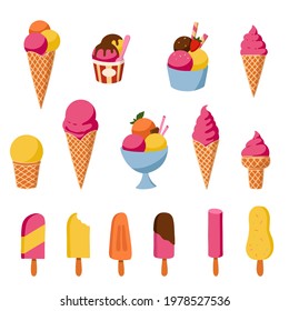 Set of cartoon ice cream. All types of delicious ice sweets. Isolated icons for the summer menu. Minimal elegant illustrations