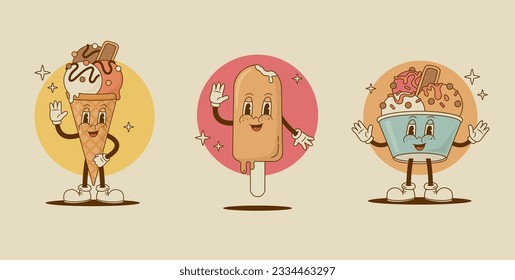 Set of cartoon Ice cream characters in retro style. Vector illustration. Vintage funny dessert mascot poster for cafeteria. Nostalgia 60s, 70s, 80s