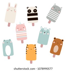 Set of cartoon ice cream with cute animal faces. Vector hand drawn illustration.