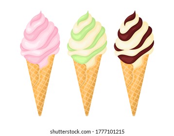 Set of cartoon ice cream with different flavors. Strawberry, pistachio, chocolate ice cream. Vector illustration isolated on a white background.