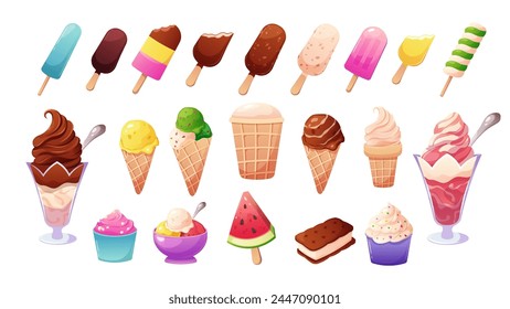 Conjunto de helado de dibujos animados sobre fondo blanco. Helado en cono de gofre, taza, crema, bolas de helado, hielo de fruta. Ilustración vectorial, pegatinas