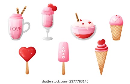 
Set of cartoon ice creams. Ice cream in a cone, glass, on a stick for Valentine's Day