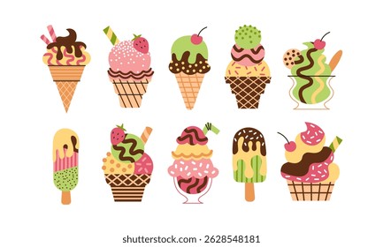 Conjunto de sorvetes de desenho animado — vários tipos de cones e picolés. Retro 90s groovy estilo doodle ilustração com sobremesas, vibes de verão e doces guloseimas.