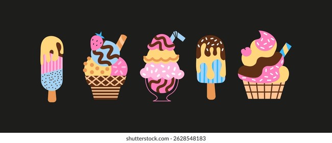 Conjunto de sorvetes de desenho animado — vários tipos de cones e picolés. Retro 90s groovy estilo doodle ilustração com sobremesas, vibes de verão e doces guloseimas.
