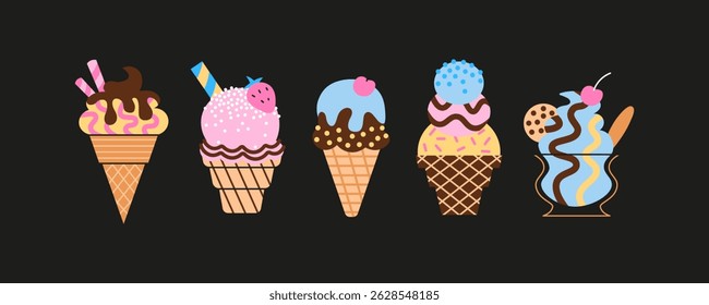 Conjunto de sorvetes de desenho animado — vários tipos de cones e picolés. Retro 90s groovy estilo doodle ilustração com sobremesas, vibes de verão e doces guloseimas.