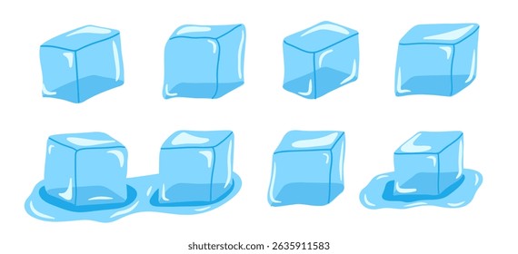 Conjunto de cubitos de hielo de dibujos animados y cubo de hielo derretido sobre fondo aislado blanco. Ilustración vectorial