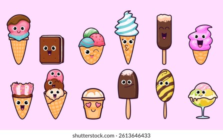 Set of cartoon ice screams with emotions in different forms and tastes.