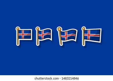 set of cartoon Iceland flag on flagstaff.cartoon Iceland sticker or label. Location label. vector illustration.
