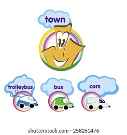 Set of cartoon icon - bus, trolley bus, car, house. Vector illustration