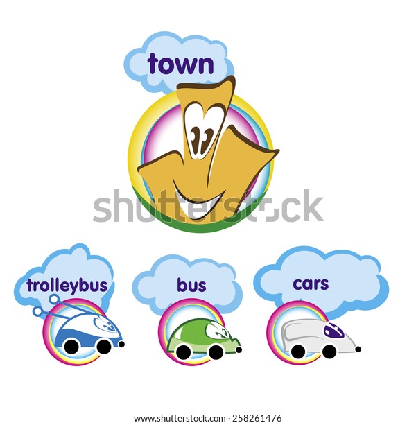 Set of cartoon icon - bus, trolley bus, car,\
house. Vector illustration