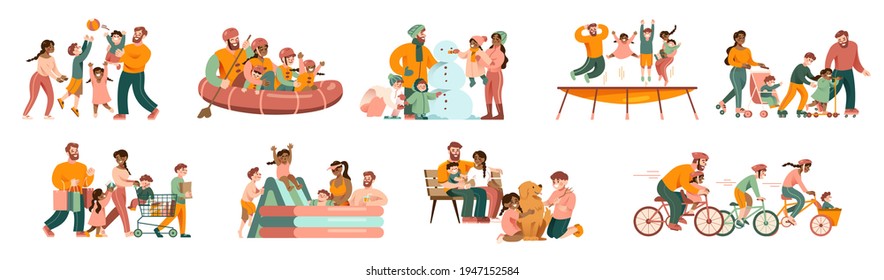 Conjunto de íconos de dibujos animados concepto de vacaciones familiares activas. ilustraciones vectoriales aisladas de actividad de padres con hijos