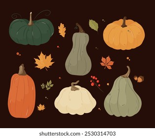 Set of cartoon icons with autumn leaves, berries and pumpkins.On a dark brown background. EPS 10
