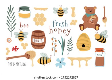 Set cartoon icons: bees  fresh honey  jars  honey spoon  flowers  bear  honeycomb  Useful for design organic product  flyers  backgrounds  Hand drawn vector illustration  Isolated background 
