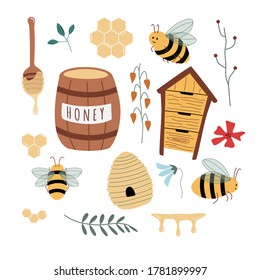 Set of cartoon icons: bees, fresh honey, beehives, honey spoon, barrel, honeycomb. Useful for design of organic product, flyers, backgrounds. Hand drawn vector illustration. Isolated on background.