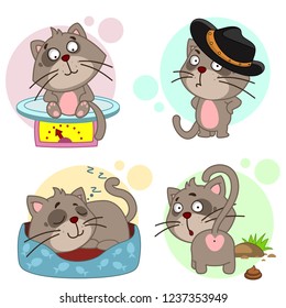 A set of cartoon icons with a cat for children and design, the cat sits on the scales and weighs, a cowboy in a hat, sleeps in his bed, walks on the street and pokes.