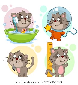 A set of cartoon icons with a cat for children and design, a cat is washed in the bathroom with a brush, a spaceman in a spacesuit with a star, a hunter caught a mouse, measures its height.