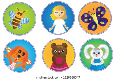 A set of cartoon icons for children including a girl and animals. Flat illustration