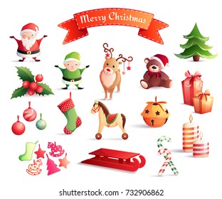Set of cartoon icons with christmas decorations including santa, year tree, gifts, animals, candles isolated vector illustration