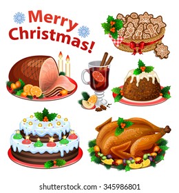 Set Of Cartoon Icons For Christmas Dinner, Traditional Christmas Food And Desserts, Roast Turkey, Ham, Pie, Pudding, Mulled Wine. Vector Illustration