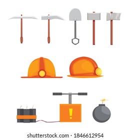 set of cartoon icons of construction tools on a white background: helmet, shovel, sledgehammer, ax, pickaxe, dynamite. flat design. vector isolated. factory industry
