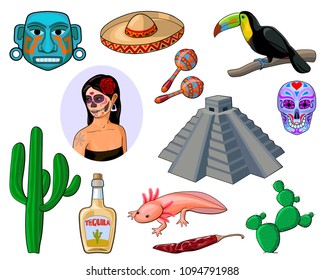 set of cartoon icons depicting Mexico