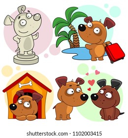 Set of cartoon icons with dogs for design and children. Image of dogs in the form of a monument, a traveler with a suitcase on the background of the sea and palms, two lovers and a dog in the booth.