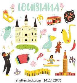 Set of cartoon icons, elements of Louisiana state. Famous places, people, animals flowers monuments