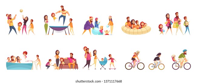 Set of cartoon icons family active holidays parents with kids in various activity isolated vector illustration